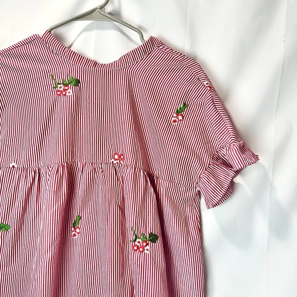 Woman's Striped Summer Travel Short Dress with Floral Embroidery Ruffle Sleeve - Picture 2 of 9